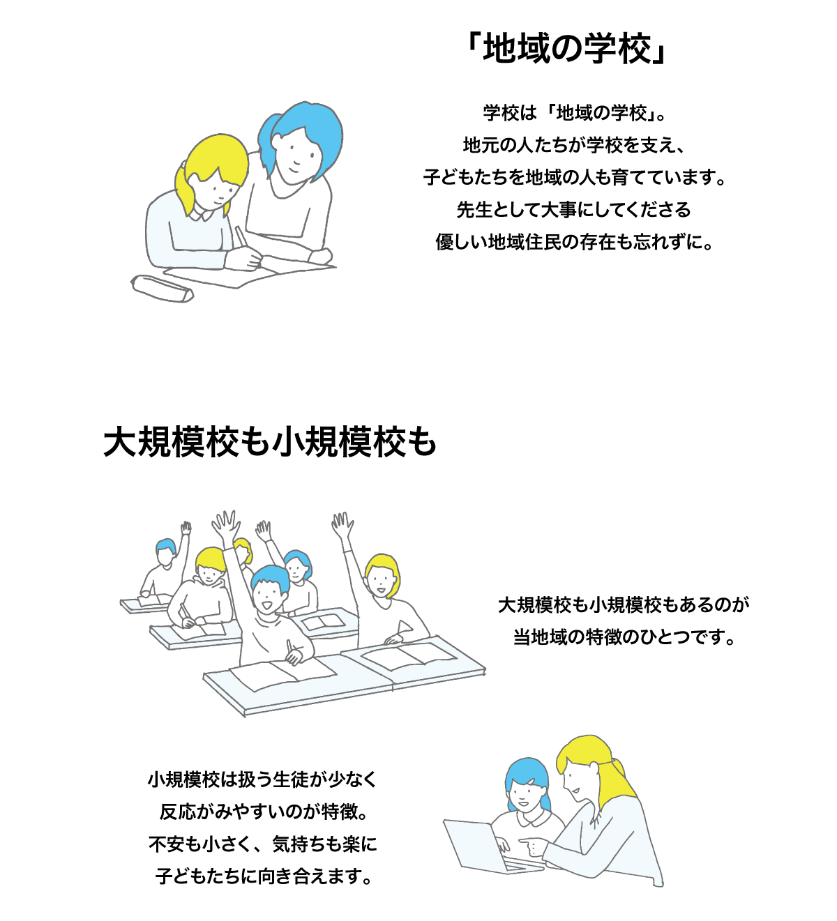 地域の魅力２ 学校は地域の学校 地元の人たちが学校を支え先生として大事に／大規模校も小規模校も